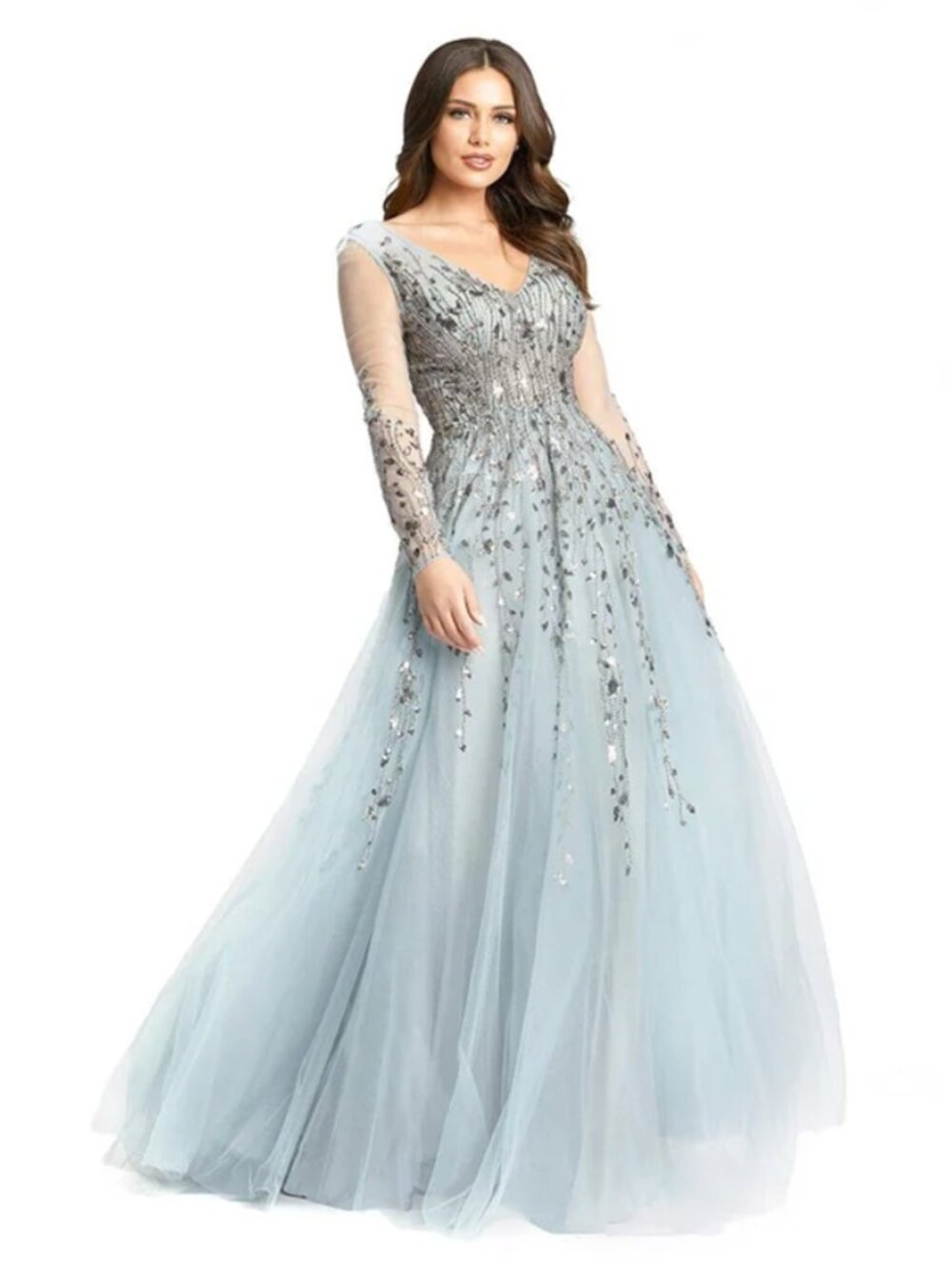 Mac Duggal 20295 Embellished V Neck Long Sleeve A Line Gown Dress